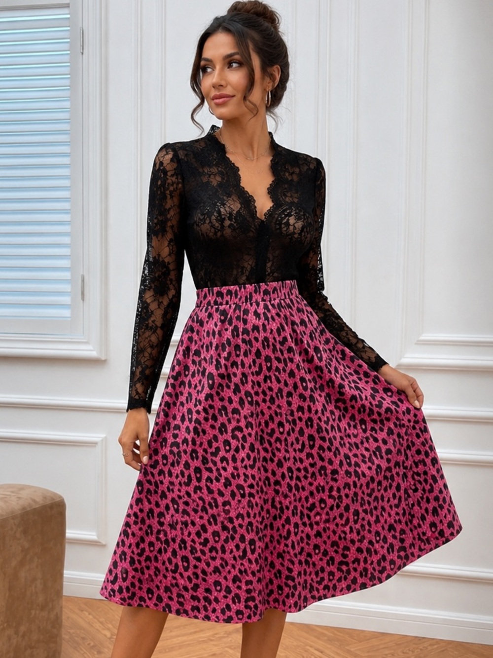 Lioness Hot Pink Leopard Midi Skirt Size S